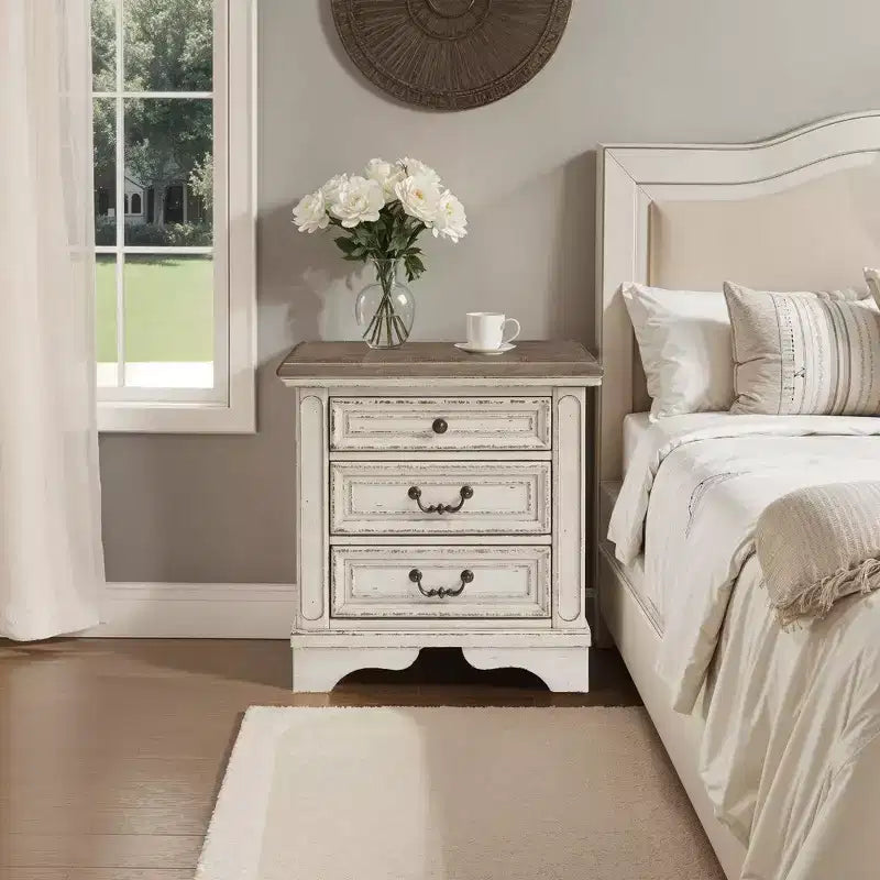 Royal Hampton 27 Inch Nightstand with 3 Drawers and Built-In Charging Port, Cottage Style