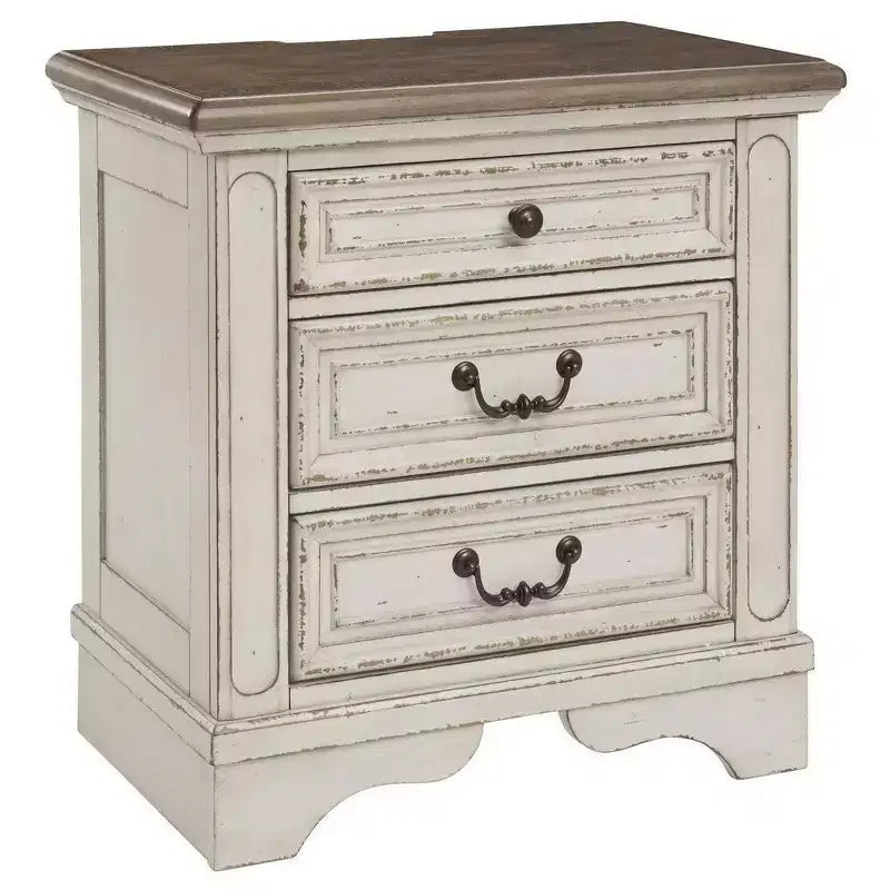 Table de chevet de 27 pouces avec 3 tiroirs et port de charge intégré, style cottage