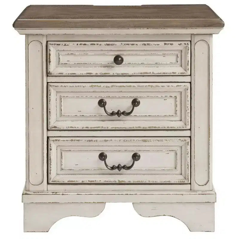 Table de chevet de 27 pouces avec 3 tiroirs et port de charge intégré, style cottage