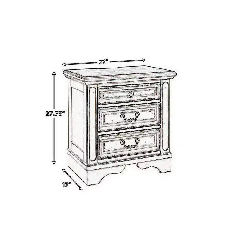 Table de chevet de 27 pouces avec 3 tiroirs et port de charge intégré, style cottage