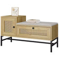 Rattan shoe bench with drawer wooden entryway storage bench with soft seat cushion and adjustable shelf three-layer shoe rack storage rack for hallway