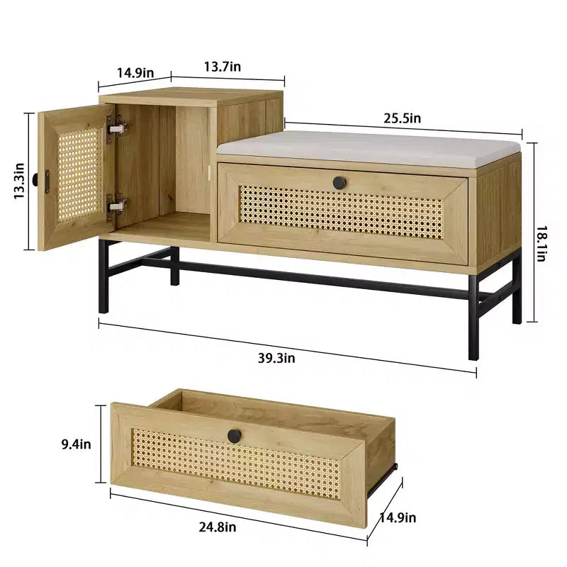 Banc à chaussures en rotin avec tiroir, banc de rangement en bois pour entrée avec coussin d'assise moelleux et étagère réglable, meuble de rangement à trois niveaux pour chaussures, pour couloir