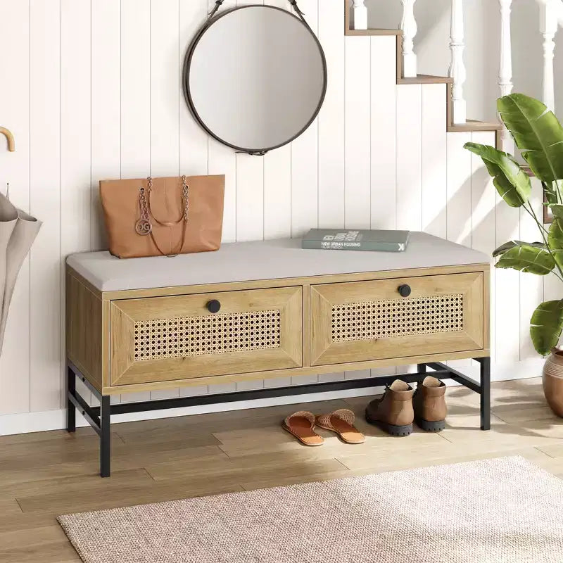 Banc à chaussures en rotin avec tiroir, banc de rangement en bois pour entrée avec coussin d'assise moelleux et étagère réglable, meuble de rangement à trois niveaux pour chaussures, pour couloir