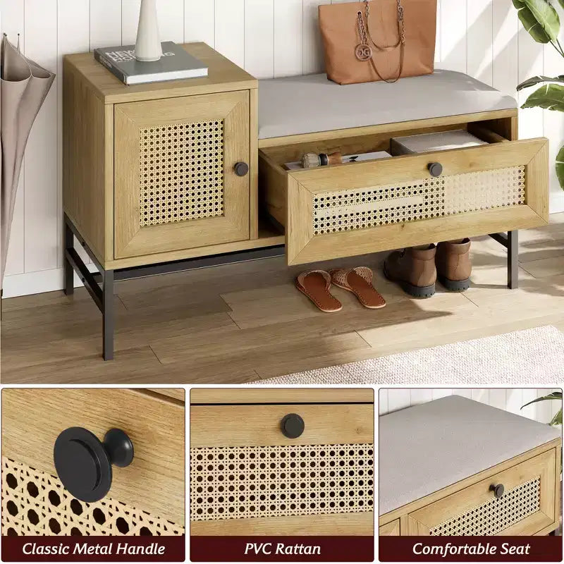 Banc à chaussures en rotin avec tiroir, banc de rangement en bois pour entrée avec coussin d'assise moelleux et étagère réglable, meuble de rangement à trois niveaux pour chaussures, pour couloir