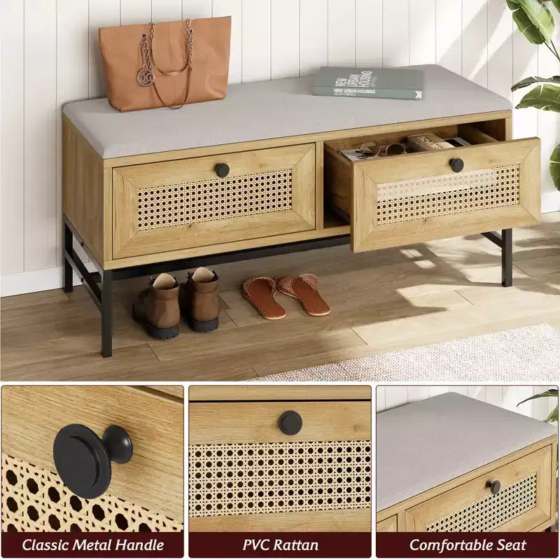 Banc à chaussures en rotin avec tiroir, banc de rangement en bois pour entrée avec coussin d'assise moelleux et étagère réglable, meuble de rangement à trois niveaux pour chaussures, pour couloir