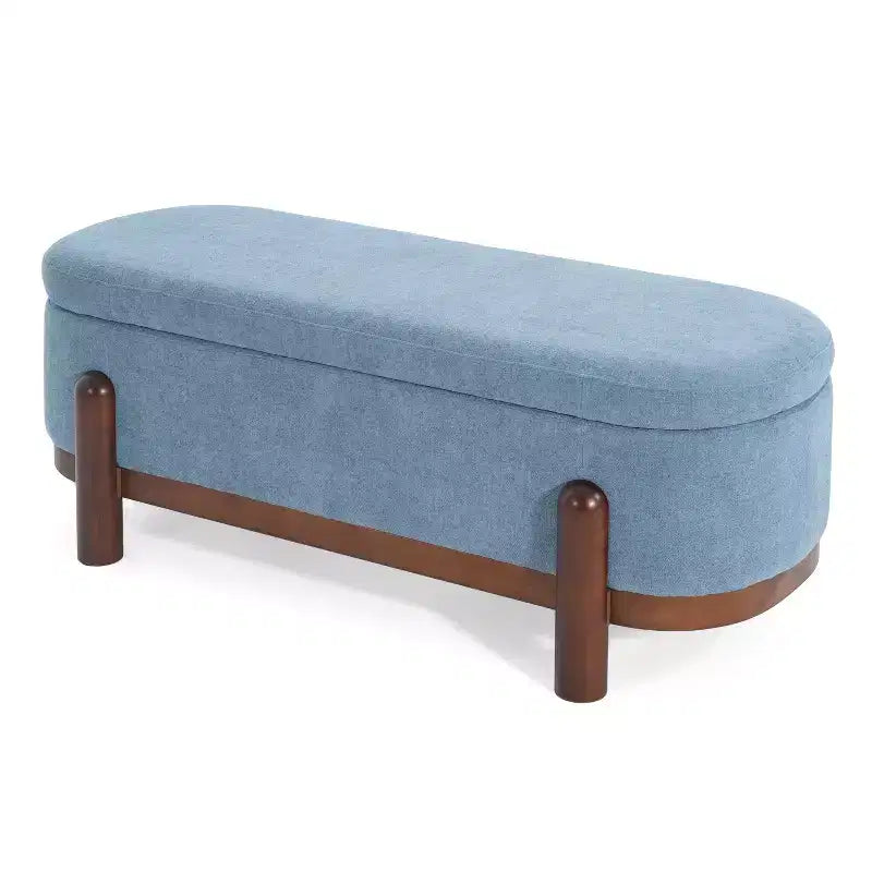 Ottoman de rangement ovale moderne en tissu Leroy avec pieds en bois massif