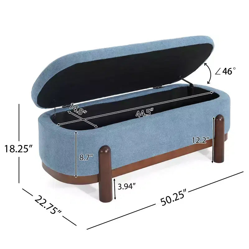 Ottoman de rangement ovale moderne en tissu Leroy avec pieds en bois massif