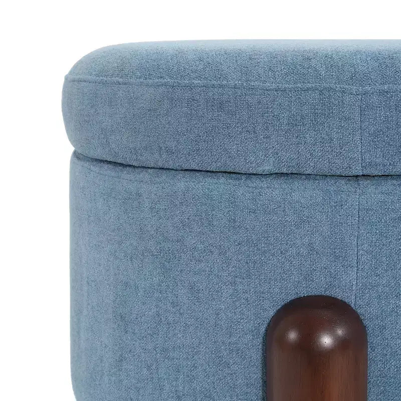 Ottoman de rangement ovale moderne en tissu Leroy avec pieds en bois massif