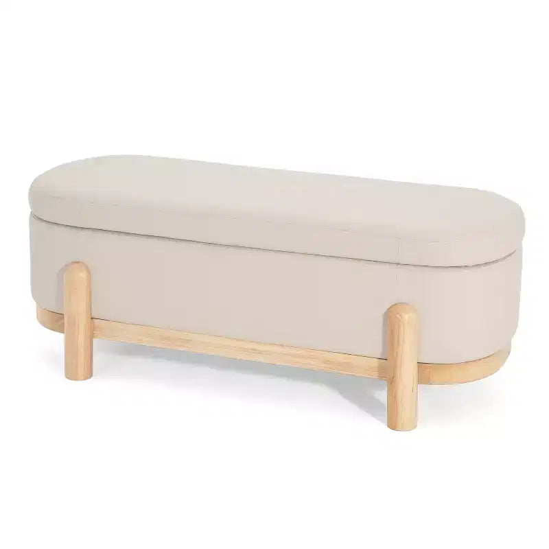 Ottoman de rangement ovale moderne en tissu Leroy avec pieds en bois massif