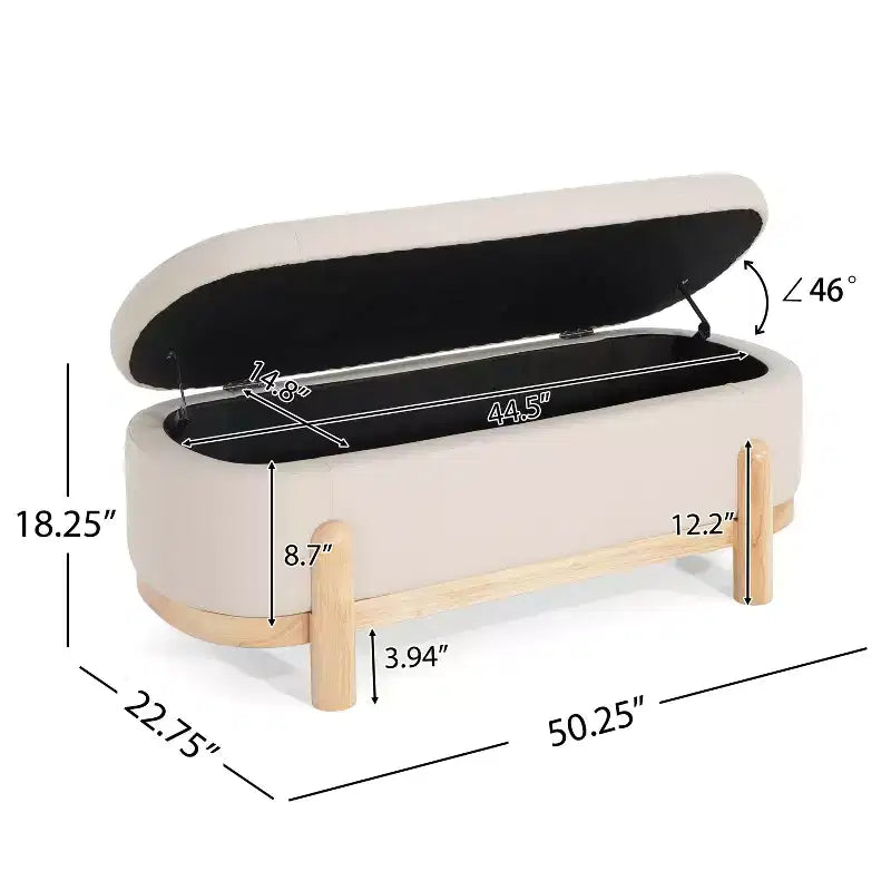 Ottoman de rangement ovale moderne en tissu Leroy avec pieds en bois massif