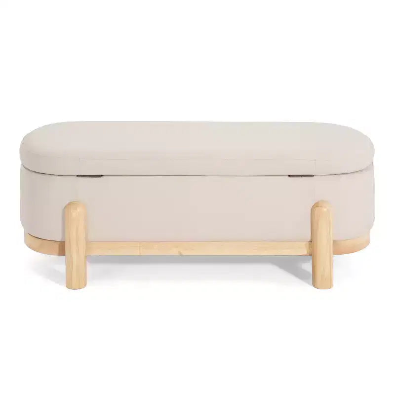 Ottoman de rangement ovale moderne en tissu Leroy avec pieds en bois massif