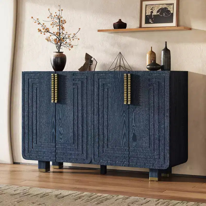 Meuble de Rangement Vintage 4 Portes Buffet Rétro en Bois Meuble d'Appoint avec Étagères Réglables, Bleu Marine Antique/Noir
