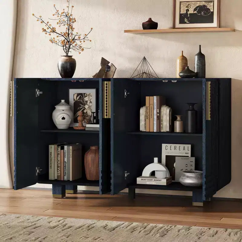 Meuble de Rangement Vintage 4 Portes Buffet Rétro en Bois Meuble d'Appoint avec Étagères Réglables, Bleu Marine Antique/Noir