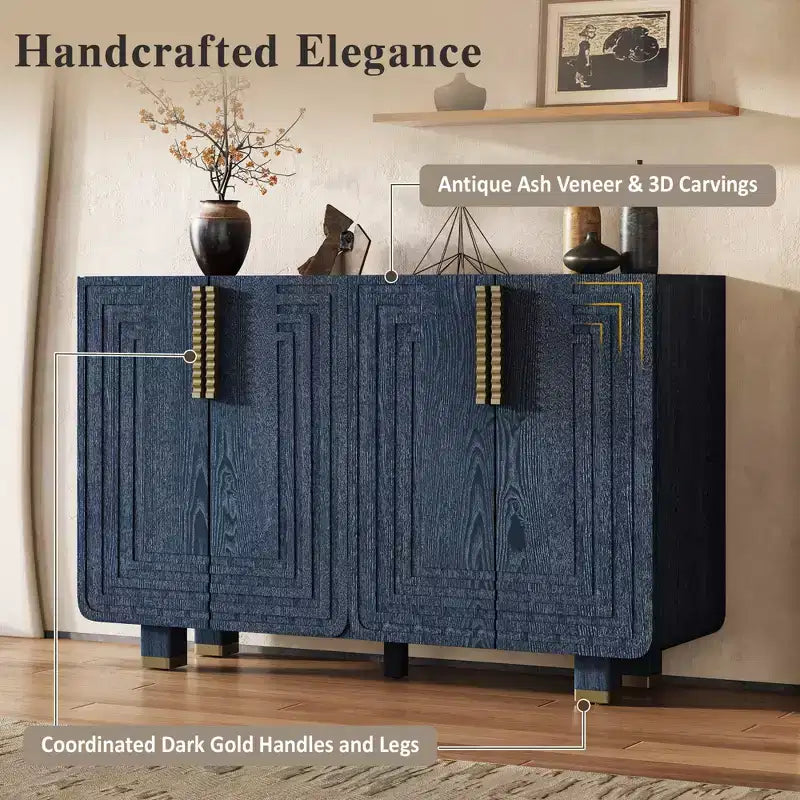 Meuble de Rangement Vintage 4 Portes Buffet Rétro en Bois Meuble d'Appoint avec Étagères Réglables, Bleu Marine Antique/Noir
