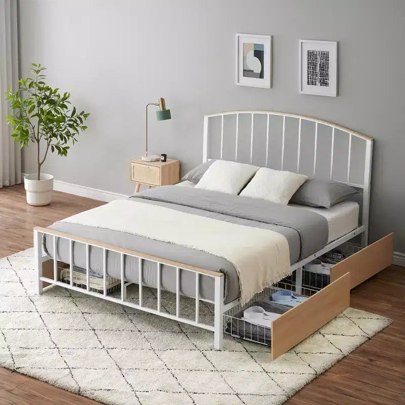 XBT Triangle Plate Bed, Heavy-duty Steel Slats Support, 4 Drawers with 6 cu ft Storage, Anti-scratch & Noise-free Design