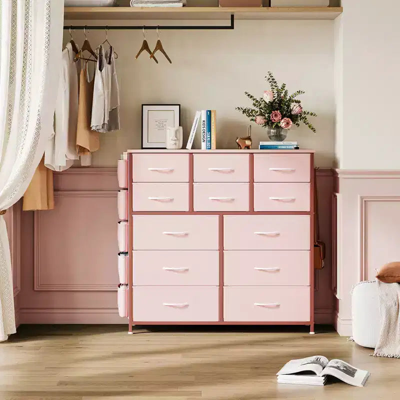 Commode à 12 tiroirs, commode en tissu avec poches latérales et crochets, tour de rangement avec pieds réglables