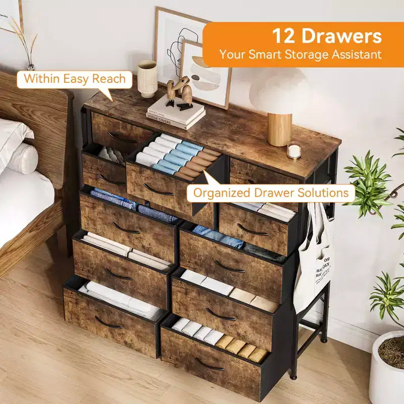 Commode à 12 tiroirs, commode en tissu avec poches latérales et crochets, tour de rangement avec pieds réglables