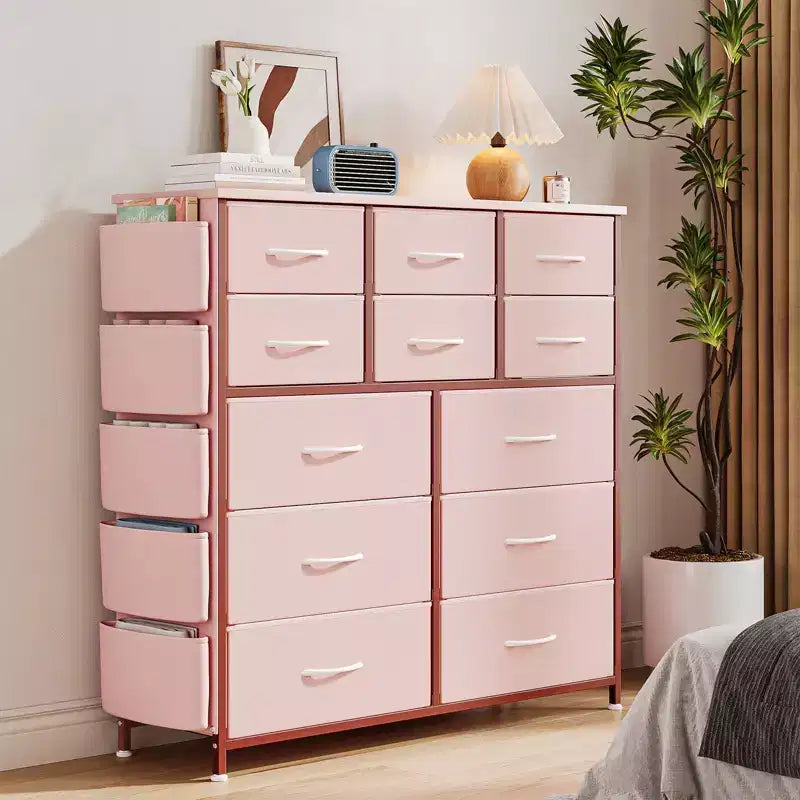 Commode à 12 tiroirs, commode en tissu avec poches latérales et crochets, tour de rangement avec pieds réglables