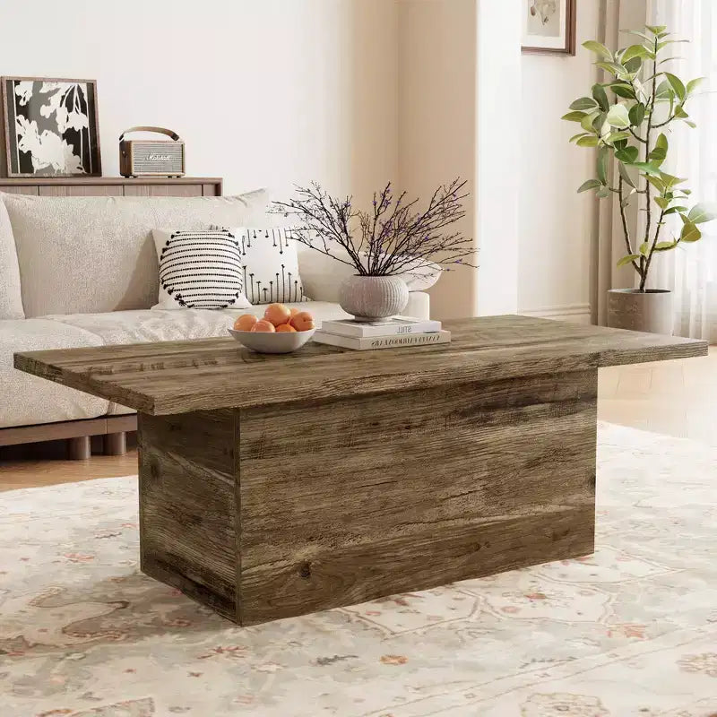 Dyonery Rectangular Coffee Table, 47.25-Inch Modern Solid Wood Medium Coffee Table, Wooden Farmhouse Rustic Cocktail Coffee Table