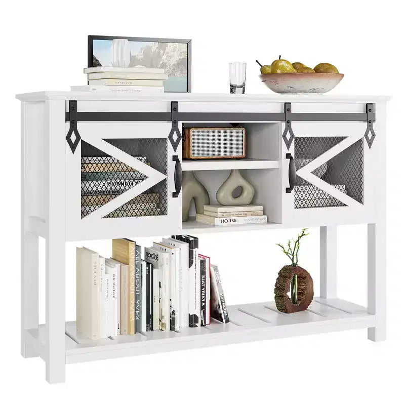 Console d'entrée de ferme avec portes coulissantes de grange, consoles industrielles rustiques avec rangement et étagère ouverte, table de canapé