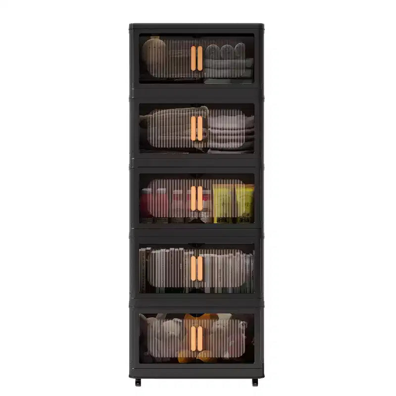 MAYEERTY 5 Tiers Plastic Folding Storage Cabinets with Magnetic Doors Wheels, Closet Organizers and Storage Containers Black for Small Space
