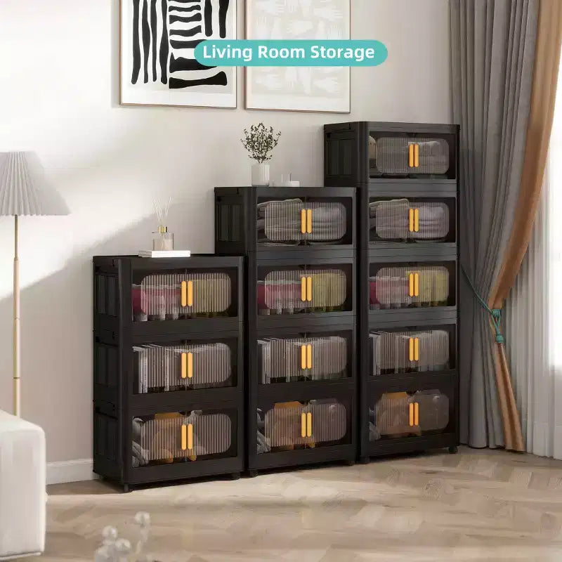 Armoires de Rangement Pliantes en Plastique à 5 Niveaux avec Portes Magnétiques et Roues, Organisateurs de Placard et Conteneurs de Rangement Noirs pour Petits Espaces