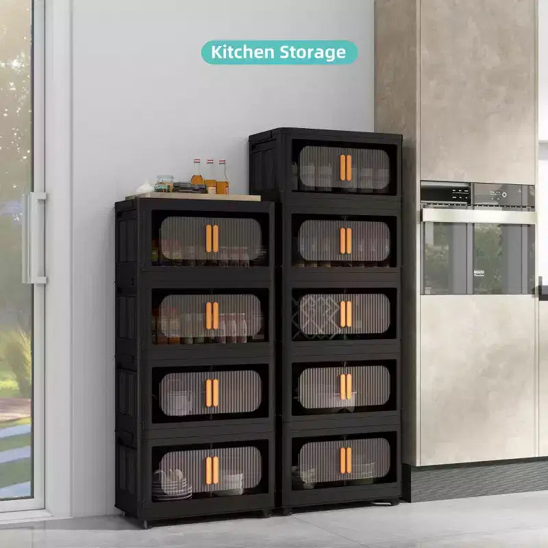 Armoires de Rangement Pliantes en Plastique à 5 Niveaux avec Portes Magnétiques et Roues, Organisateurs de Placard et Conteneurs de Rangement Noirs pour Petits Espaces