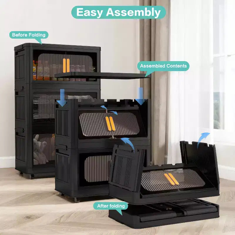Armoires de Rangement Pliantes en Plastique à 5 Niveaux avec Portes Magnétiques et Roues, Organisateurs de Placard et Conteneurs de Rangement Noirs pour Petits Espaces
