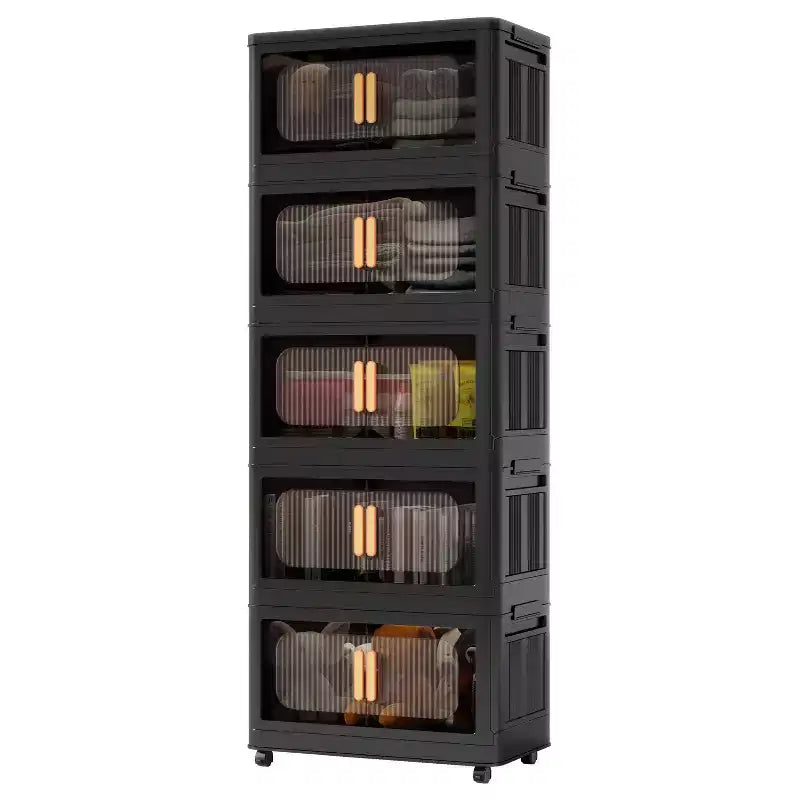 Armoires de Rangement Pliantes en Plastique à 5 Niveaux avec Portes Magnétiques et Roues, Organisateurs de Placard et Conteneurs de Rangement Noirs pour Petits Espaces