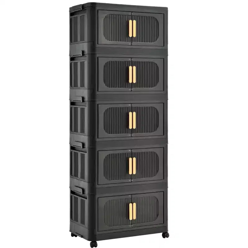 Armoires de Rangement Pliantes en Plastique à 5 Niveaux avec Portes Magnétiques et Roues, Organisateurs de Placard et Conteneurs de Rangement Noirs pour Petits Espaces
