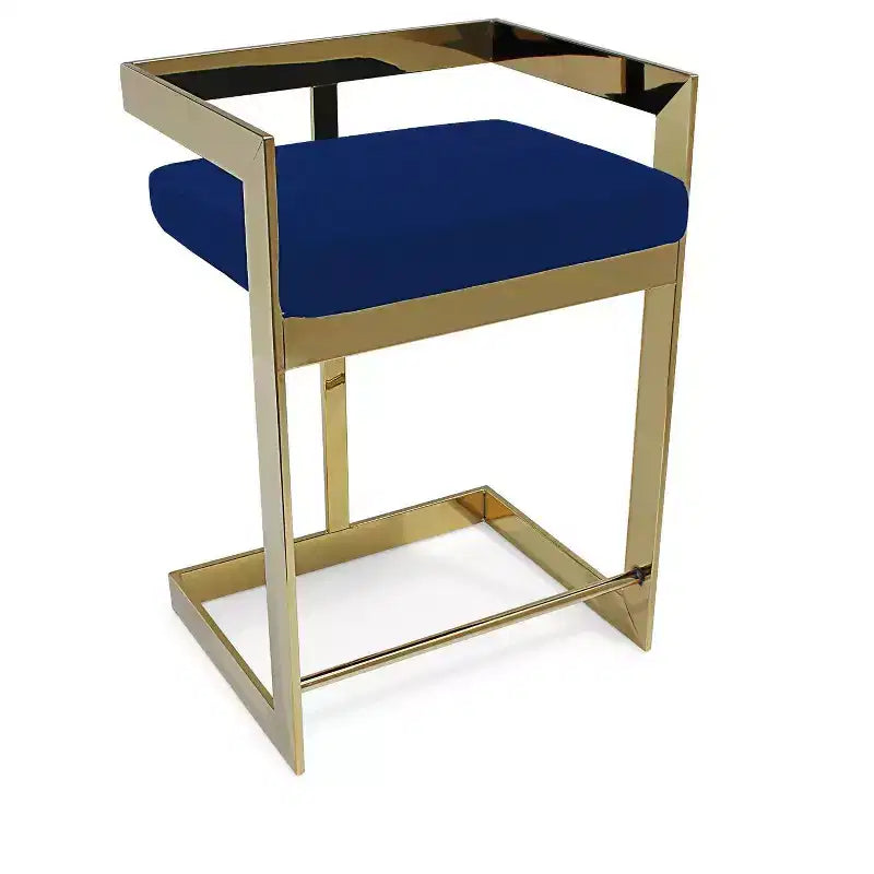 HomeRoots 30 Blue and Gold Metal and Velvet Low Back Bar Height Bar Chair