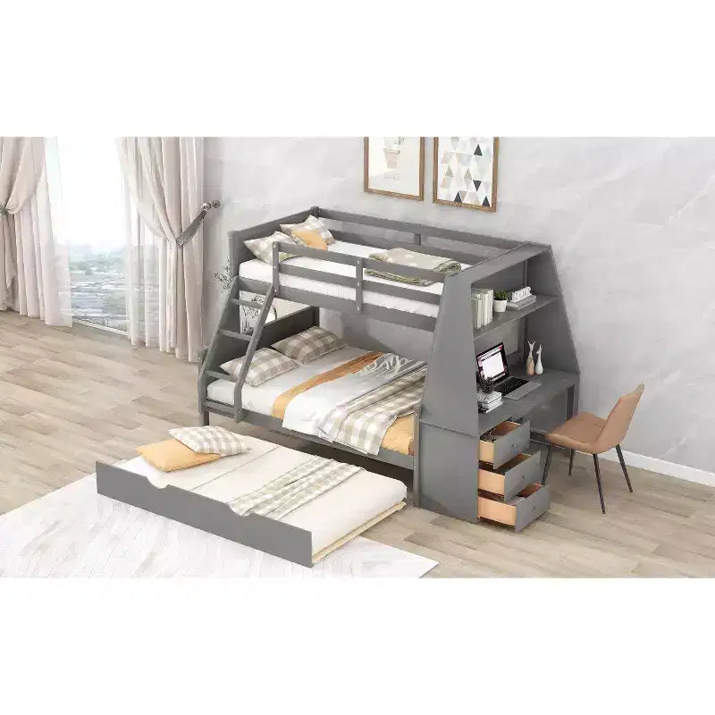 Lit superposé multifonctionnel double sur pleine taille avec lit gigogne et 3 tiroirs Lit mezzanine avec bureau et étagère intégrés en bois de pin pour enfants et adolescents, montage facile