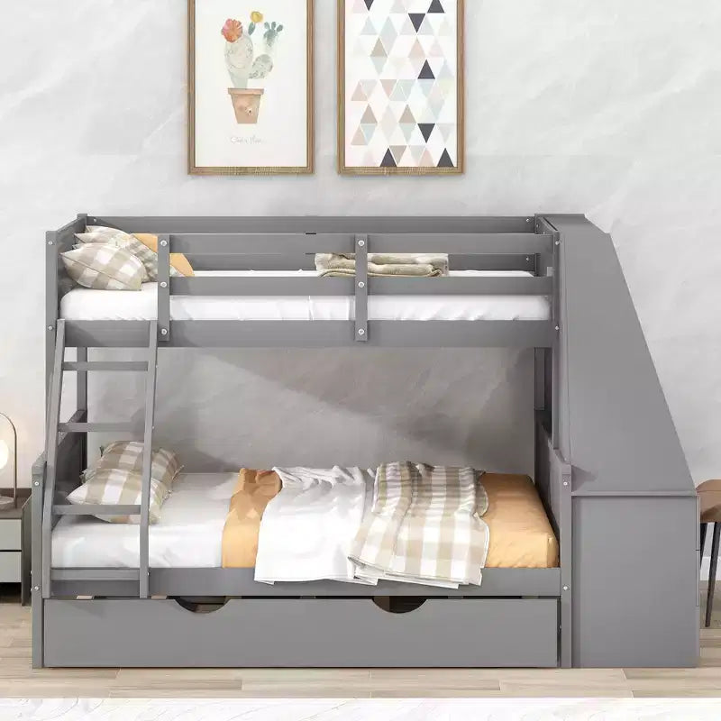 Lit superposé multifonctionnel double sur pleine taille avec lit gigogne et 3 tiroirs Lit mezzanine avec bureau et étagère intégrés en bois de pin pour enfants et adolescents, montage facile