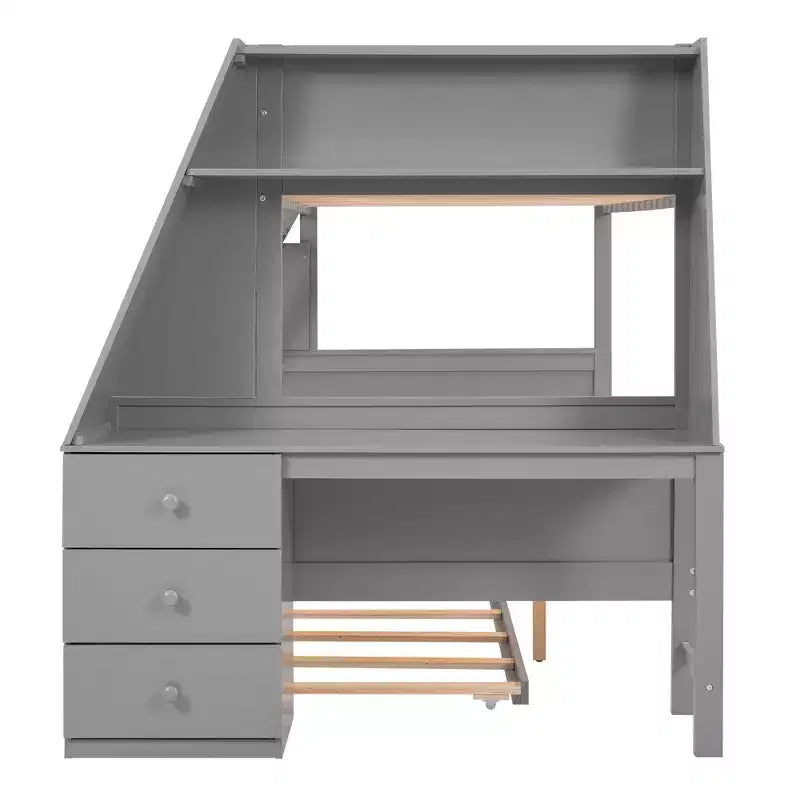 Lit superposé multifonctionnel double sur pleine taille avec lit gigogne et 3 tiroirs Lit mezzanine avec bureau et étagère intégrés en bois de pin pour enfants et adolescents, montage facile