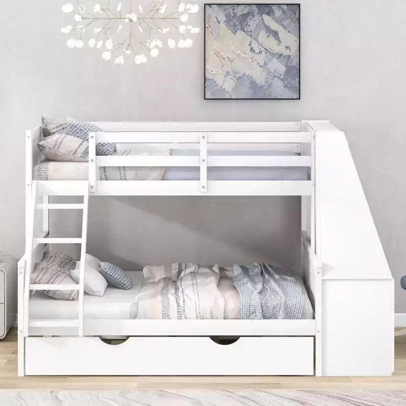 Lit superposé multifonctionnel double sur pleine taille avec lit gigogne et 3 tiroirs Lit mezzanine avec bureau et étagère intégrés en bois de pin pour enfants et adolescents, montage facile