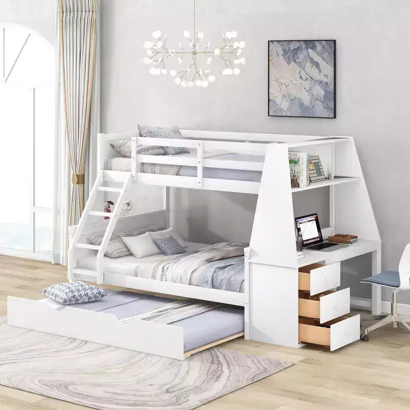 Lit superposé multifonctionnel double sur pleine taille avec lit gigogne et 3 tiroirs Lit mezzanine avec bureau et étagère intégrés en bois de pin pour enfants et adolescents, montage facile