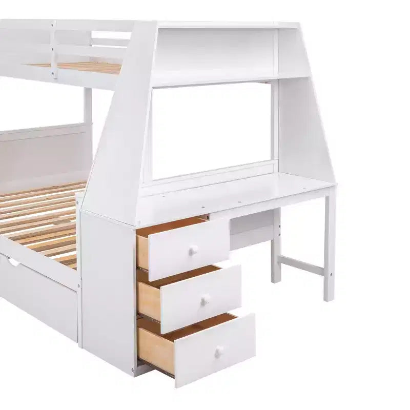 Lit superposé multifonctionnel double sur pleine taille avec lit gigogne et 3 tiroirs Lit mezzanine avec bureau et étagère intégrés en bois de pin pour enfants et adolescents, montage facile