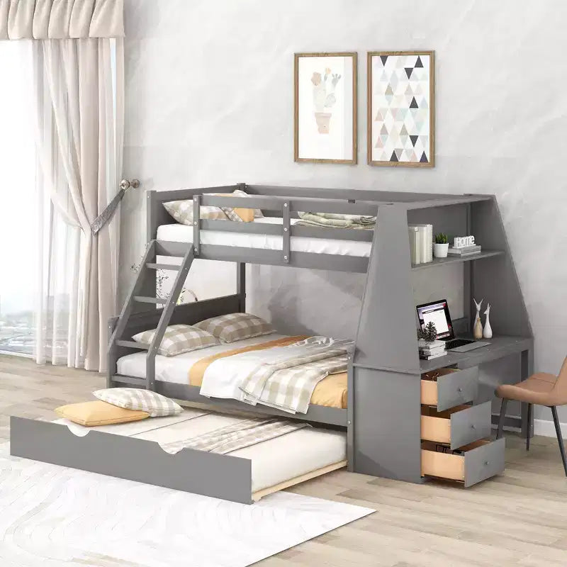 Lit superposé multifonctionnel double sur pleine taille avec lit gigogne et 3 tiroirs Lit mezzanine avec bureau et étagère intégrés en bois de pin pour enfants et adolescents, montage facile