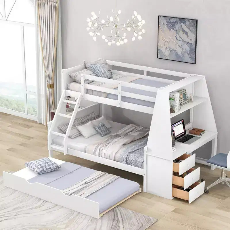 Okak Twin over Full Multifunction Bunk Bed with Trundle & 3 Drawers Loft Bed with Built-in Desk & Shelf Pine Wood for Kids Teens, Easy Assemble