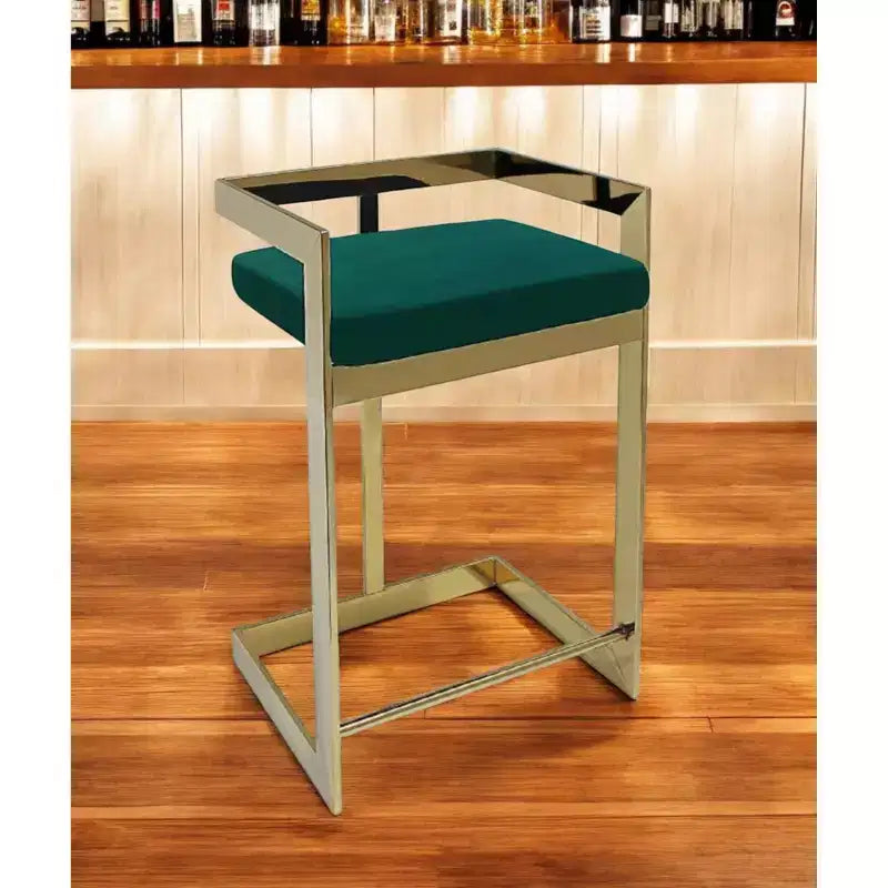 26 Tabouret de bar sans dossier en velours vert et doré et acier inoxydable