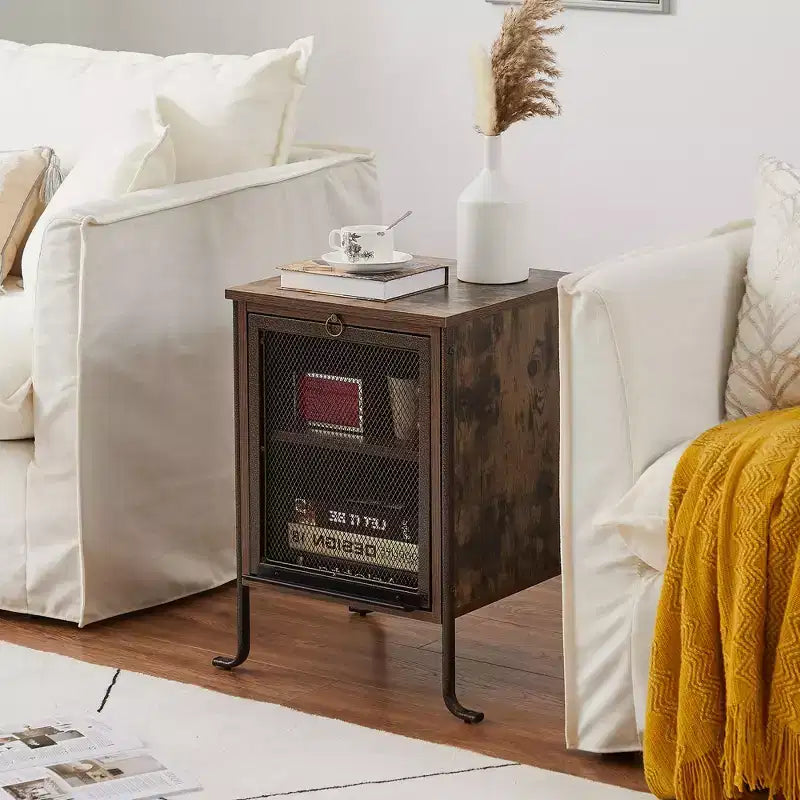 Table de chevet avec plateau coulissant et 2 étagères de rangement, Table d'appoint/de bout à cadre en acier pour petits espaces, Marron