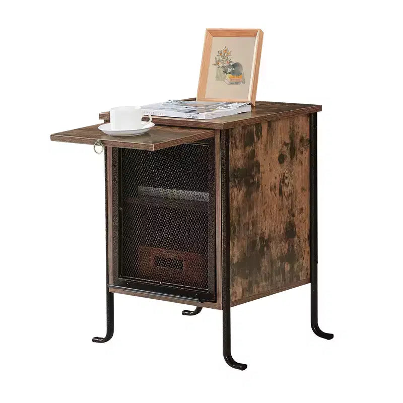 Table de chevet avec plateau coulissant et 2 étagères de rangement, Table d'appoint/de bout à cadre en acier pour petits espaces, Marron