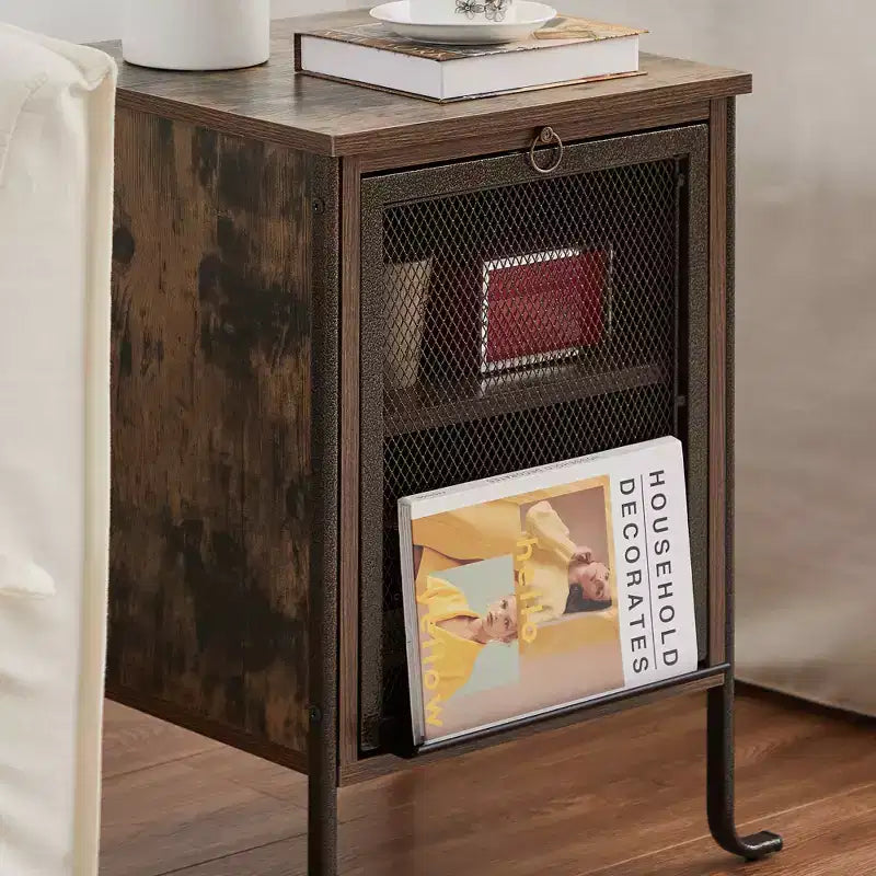 Table de chevet avec plateau coulissant et 2 étagères de rangement, Table d'appoint/de bout à cadre en acier pour petits espaces, Marron