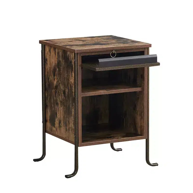 Table de chevet avec plateau coulissant et 2 étagères de rangement, Table d'appoint/de bout à cadre en acier pour petits espaces, Marron