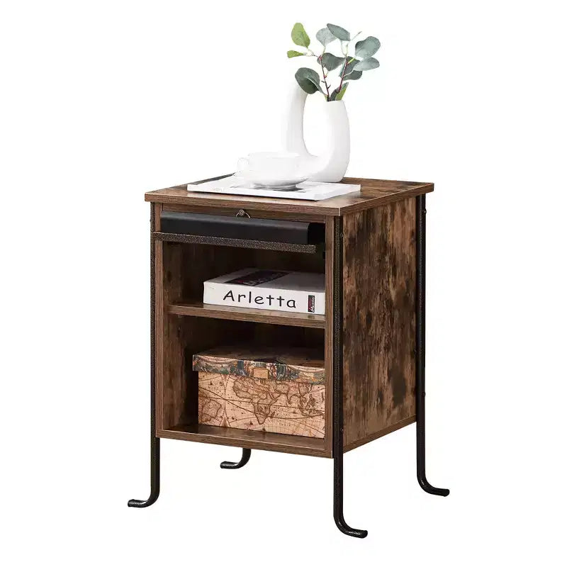 Table de chevet avec plateau coulissant et 2 étagères de rangement, Table d'appoint/de bout à cadre en acier pour petits espaces, Marron