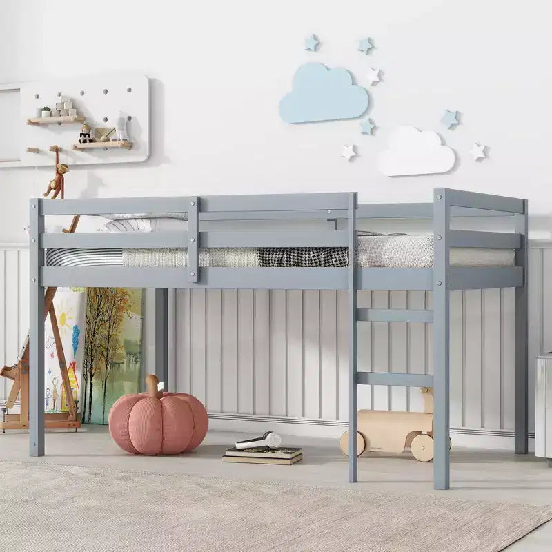 MATEERTY Solid Wooden,Twin Loft Bed with Ladder, Bed Platform of Strengthened Slats Gray