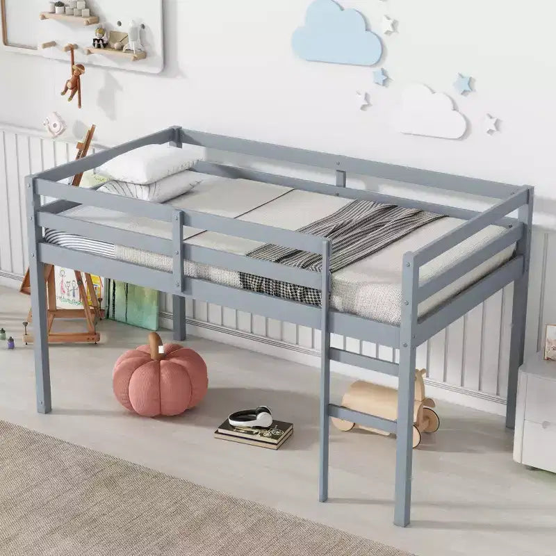 Lit mezzanine double en bois massif avec échelle, plateforme de lit à lattes renforcées, gris