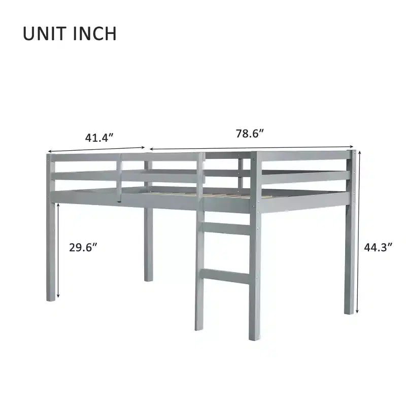 Lit mezzanine double en bois massif avec échelle, plateforme de lit à lattes renforcées, gris