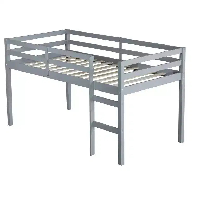 Lit mezzanine double en bois massif avec échelle, plateforme de lit à lattes renforcées, gris
