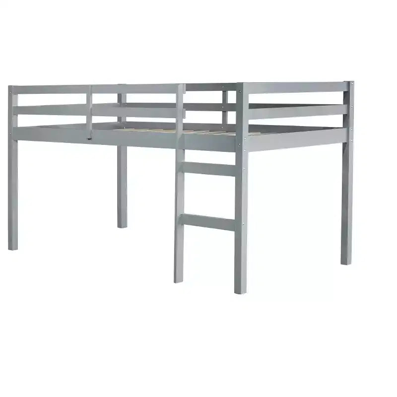 Lit mezzanine double en bois massif avec échelle, plateforme de lit à lattes renforcées, gris